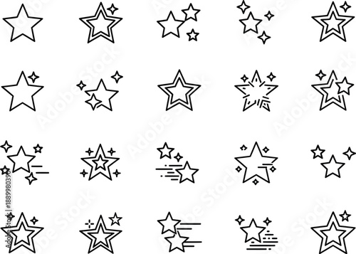 Collection of stylized star icons with dynamic lines and sparkles, ideal for adding visual flair to web design and creative projects.