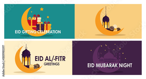 Islamic eid al fitr and eid al adha holiday celebration collection with crescent moon mosque lanterns and gift boxes