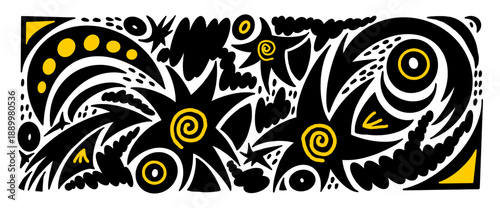 Stars, arrows scribble silhouettes cutouts pattern. Irregular organic blobs abstract geometric shapes background. Geometry collage figure. Scrapbook twinkle stickers with amoebas. Vector illustration.