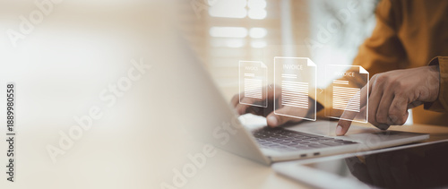 Digital invoice management and processing concept.  person uses laptop to successive digital invoice documents, symbolizing efficient workflow and automation in finance and business operations