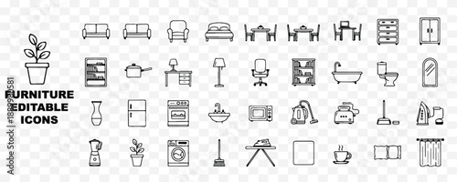 A collection of editable furniture and household item icons presented on a transparent background for design use.