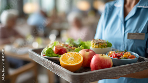A healthcare worker carries a tray of healthy meals. In the blurred background, you can see elderly people in the dining room, the concept of healthy nutrition, care, and attention in a nursing home.
