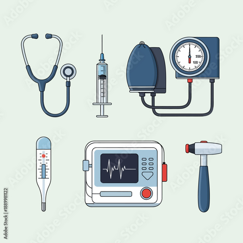Medical equipment set including stethoscope, syringe, blood pressure monitor, thermometer, ECG monitor, and reflex hammer displayed together on a flat surface