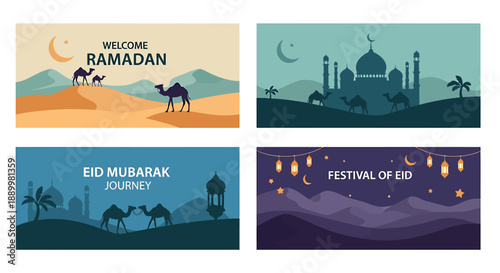 Ramadan and eid mubarak islamic celebration vector graphics set with mosque camels and lanterns