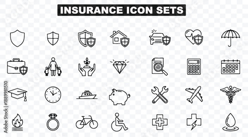 Diverse Insurance Icons Collection Featuring Protection, Health, Financial, and Lifestyle Symbols for Web Design