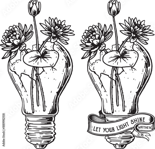 July Birth Month Water Lily Flower Let Your Light Shine Hand Holding Broken Light Bulb Christian Illustration Hand Drawn Vintage Christian Vector Illustration