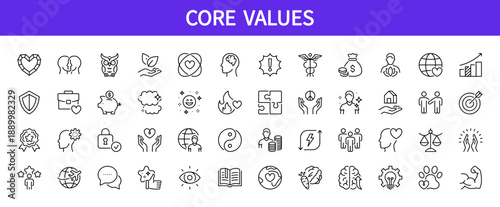 Core values line icon set. Development, relationship, health, growth, goal, faith, education, joy, empathy, etc. Isolated on a white background. Vector illustration. Editable stroke. Flat design.