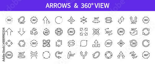 Arrows & 360 view line icon set. Different shapes and variations. Sign arrow down, up, left, right. Isolated on a white background. Vector illustration. Editable stroke. Flat design.