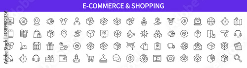 E-commerce & Shopping line icon set. Sale, discount, customer, retail, trolley, cart, supermarket, wallet, paying, store, etc. Isolated on a white background. Vector illustration. Editable stroke.