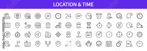 Location & Time editable line icon set. Point, map pin, gps, destination, clock, watch, 24 hours, alarm-clock, etc. Isolated on a white background. Vector illustration. Flat design.