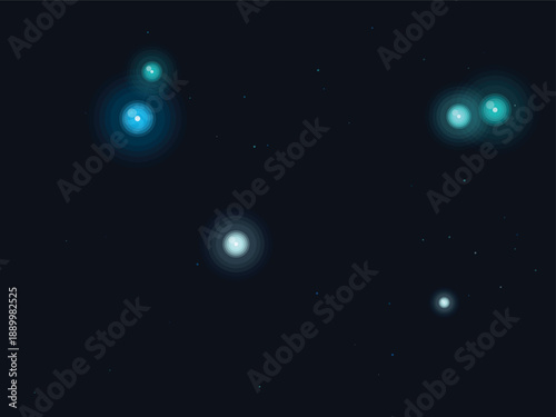 Glowing celestial bodies floating in dark space, moody lighting effect with teal highlights and soft focus