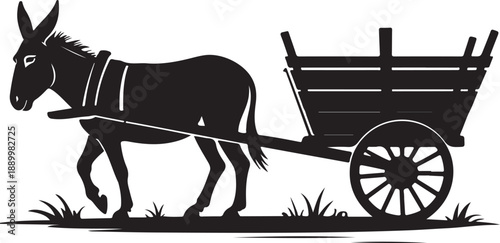 Black silhouette of a donkey pulling a wooden cart in a field