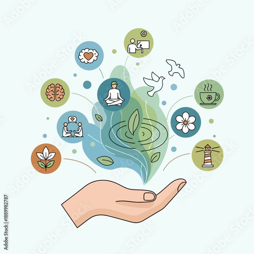 Hand cradling a serene, green environment with illustrations of nature and wellness icons surrounding it.