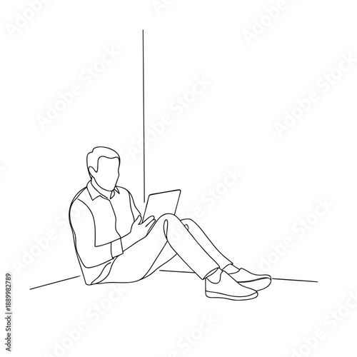 Man Using Tablet Device, Continuous Line Drawing, Digital Nomad Lifestyle