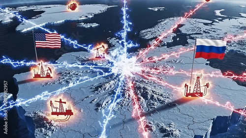 US and Russia Arctic tension, 3D Arctic Map Showing US and Russia Influence and Natural Resources