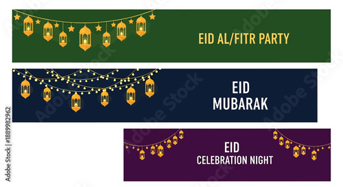 Eid mubarak celebration banners with lanterns and lights for eid al fitr party
