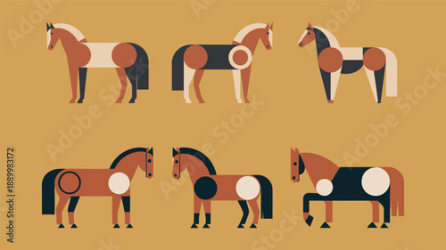 Geometric horse vector illustration set with flat design and abstract shapes