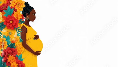A beautiful pregnant african woman embraces her belly amidst a vibrant floral display