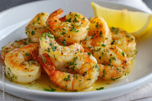 Shrimp in garlic butter sauce. Seafood in sauce