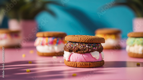 Colorful stacked ice cream sandwiches with bold creamy frozen dessert layers. Generative AI image