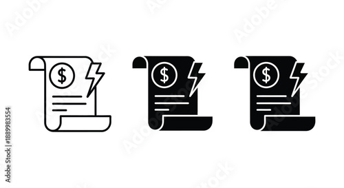 Set of three electricity bill payment icons representing money and energy costs variations