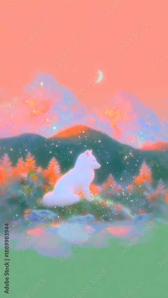 Fototapeta premium Dreamy wolf under crescent moon mobile wallpaper