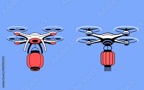 Flying drones carrying red lanterns for Chinese New Year celebration delivery