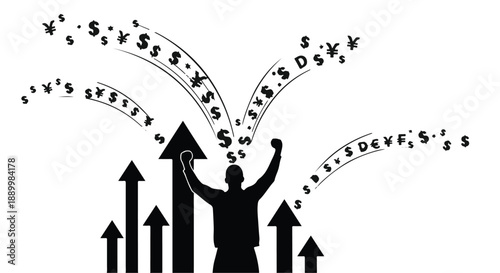 A man showing happiness and victory gestures by celebrating his victory with the dollars and euro sign.