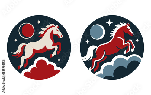 Circular emblem design featuring a galloping horse jumping over clouds and stars. Chinese New Year 2026 Horse Emblem.