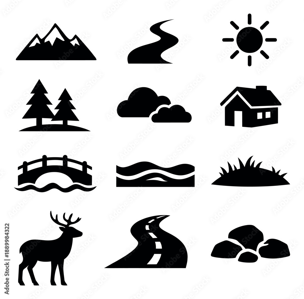 Fototapeta premium Graphic icon landscape elements set featuring various outdoor and nature symbols for environmental and travel themed designs