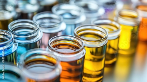 A vibrant collection of aniline dyes displayed in small clear glass jars