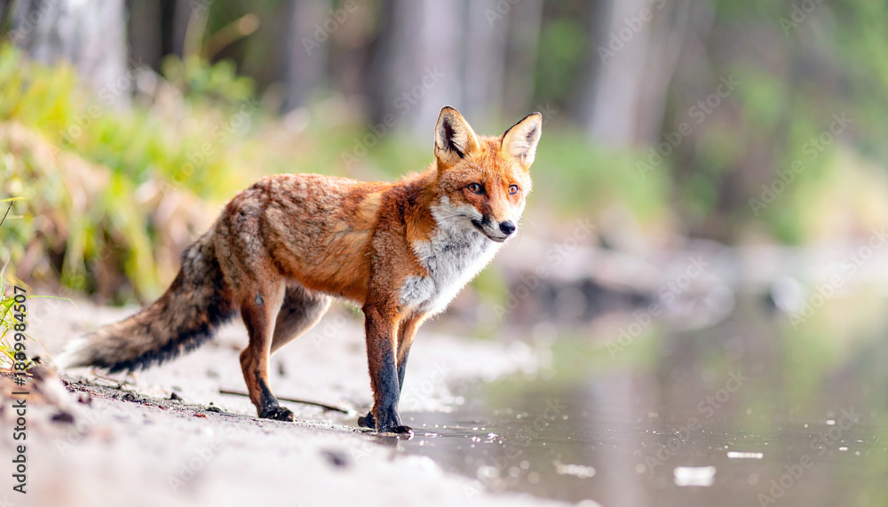 Fototapeta premium Red fox standing at lakeside in peaceful wilderness, surrounded by dense forest.