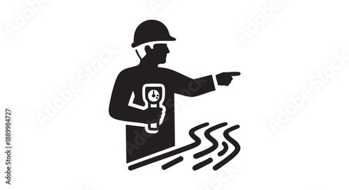 A worker in a hard hat points while holding a device, illustrated in a simple black graphic style on a plain white background