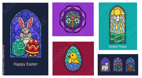 Easter themed stained glass window designs with bunny eggs and duckling in colorful patterns