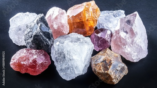 A vibrant collection of assorted rough cut natural gemstones and crystals