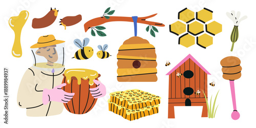 Beekeeping and honey vector clipart in cartoon groovy style. Honey apiary, beekeeper character, bees, beehives, flowers, honeycombs. Organic natural sweet food and product
