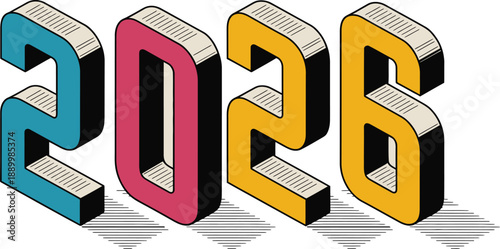 Isometric 2026 year number in colorful 3d style isolated on black background for design