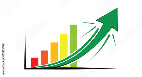 Colorful bar graph visually demonstrates strong upward business trend symbolized by a bright green arrow