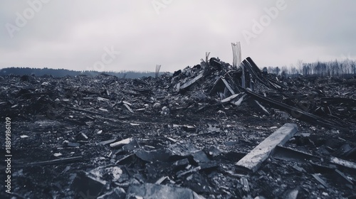 A vast desolate landscape covered in fragmented debris and remnants of destruction under a gray overcast sky
