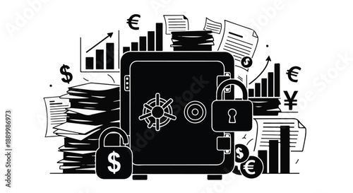 black and white illustration of safety lock with different icons in the background.