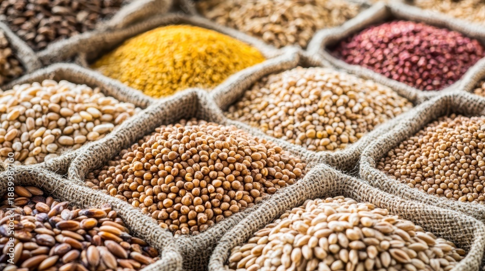 Obraz premium A variety of diverse seeds and grains arranged in neat rows within burlap containers displaying a rich array of natural food ingredients