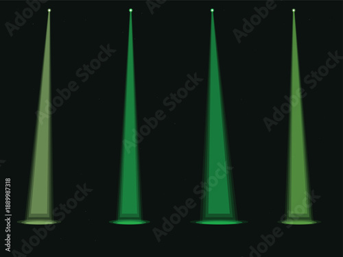 Four green conical beams of light with gradient effect on dark background, minimalist design with glowing effect