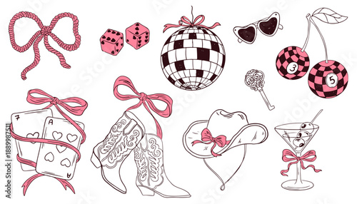 Hand drawn whimsical cowgirl set. Retro vintage texas line art western boot, hat, cherry, dice, disco ball, casino party. Vector coquette cute rodeo elements outline illustration