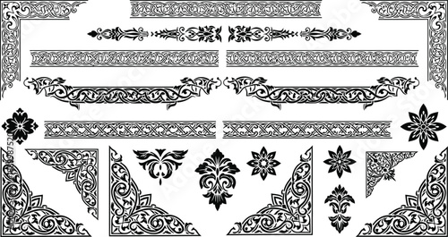 Black and White Ornate Border Elements with Floral Patterns