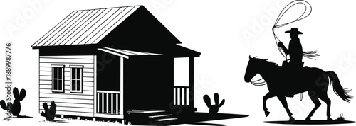 Silhouette of a cowboy on horseback with a lasso near a rustic wooden cabin and desert cacti under a clear sky