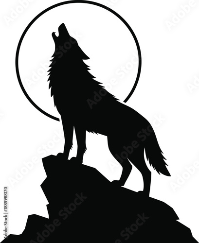 Silhouette of a wolf howling at the moon on a rocky outcrop against a white background