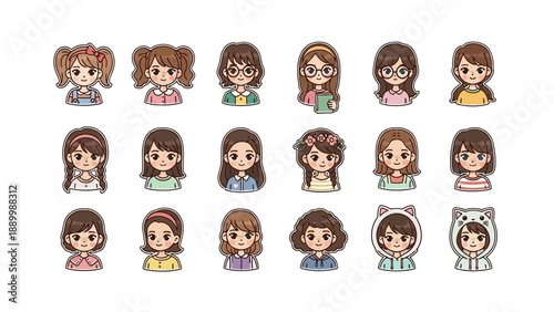Cute cartoon girl avatars with diverse hairstyles and accessories.