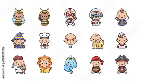 Collection of cute baby characters in various costumes