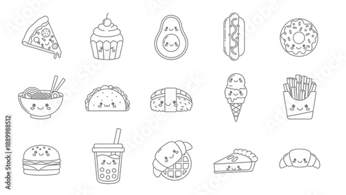 Set of cute kawaii food characters in doodle line art style.