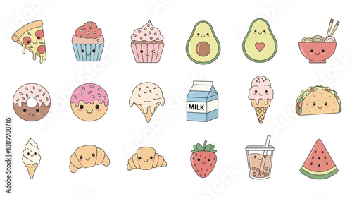 Collection of cute kawaii food and snack illustrations with happy faces.